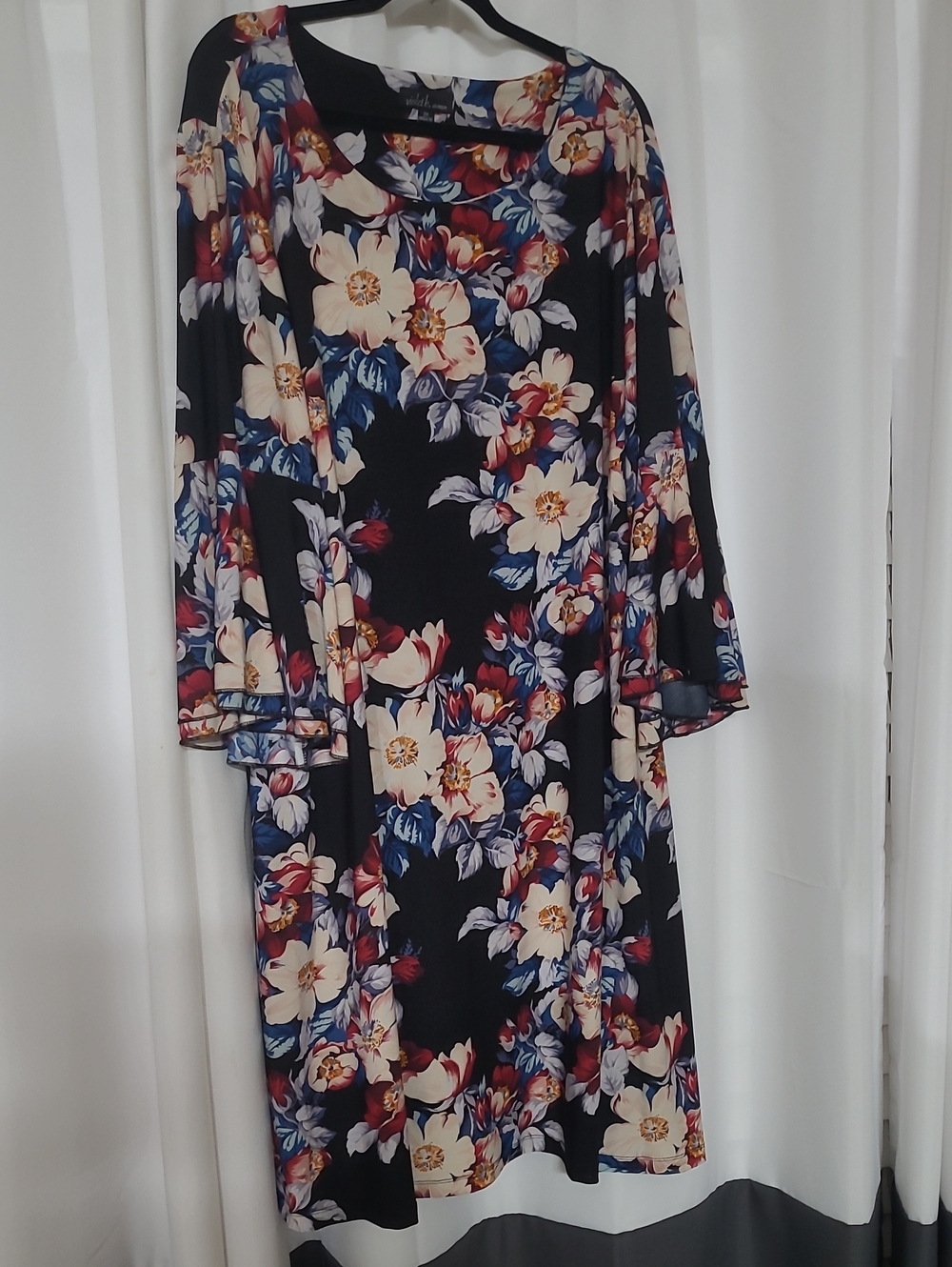 Violet Voss Black Floral Midi Dress with Cream, Blue & Red Accents